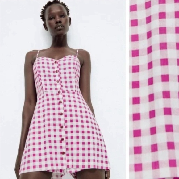 ZARA Pink Gingham Checked Buttoned Linen Playsuit Jumpsuit Dress - Picture 8 of 11